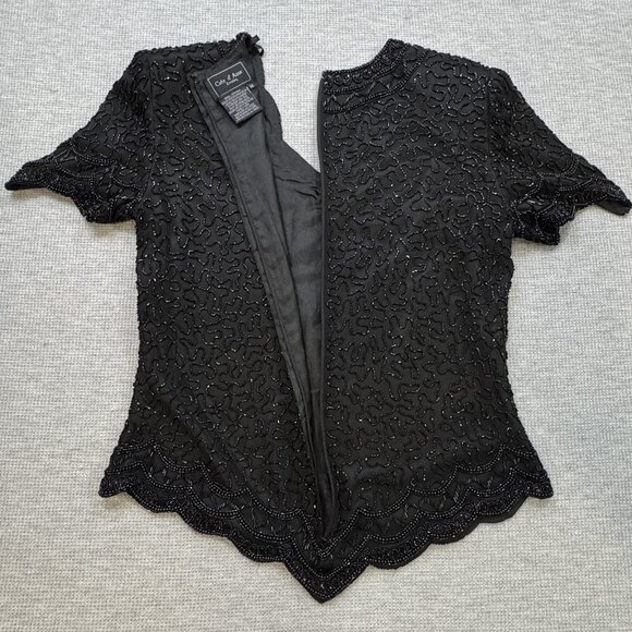 Cote D Azur Evening Womens M Black Beaded Silk Blouse Short Sleeve Back Zip NWT - Picture 5 of 16